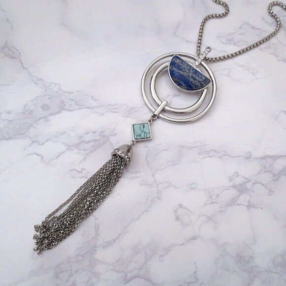 Long Bohemian Artistic SIlver and Blue Long Tassel Necklace with Blue Stones - Picture 3 of 6